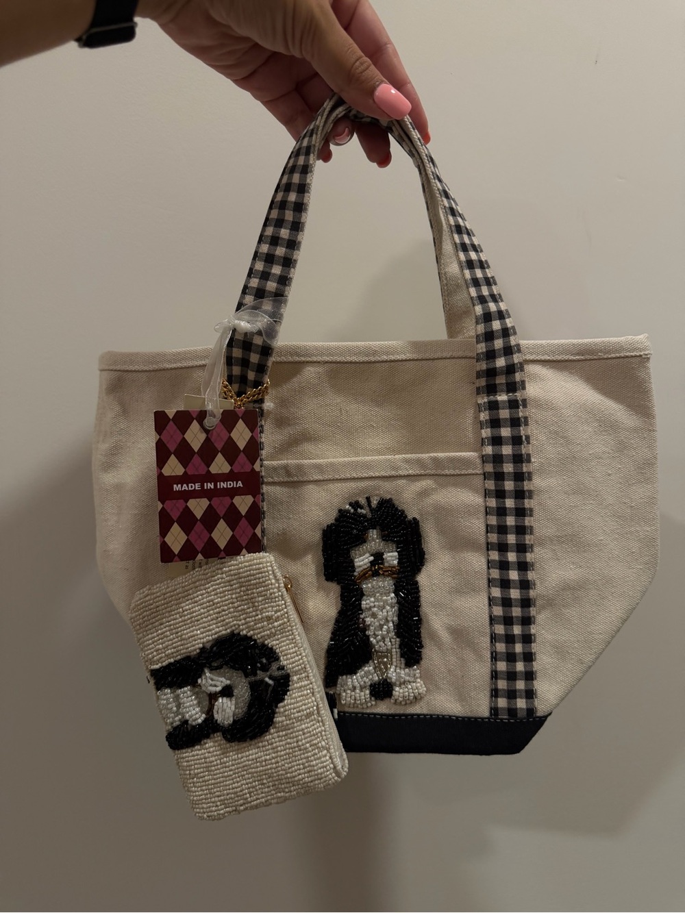 NWT Mini Canvas Beaded Berenedoodle Dog Tote Bag with Coin Pouch - Beige & Black